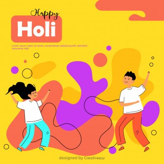Two Celebrants on Yellow Background, Colorful Splashes, 'Happy Holi Greetings