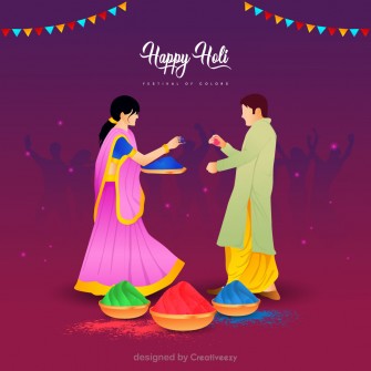 Celebrating Holi, Playful Couple, Golden Bowl Overflowing, 'Happy Holi'.