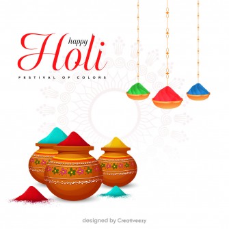 Vibrant Festivity Overflowing Matki Pot, 'Happy Holi' Text, Swirling Background.
