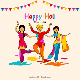 Festive Holi Fun Men and Women Celebrating, 'Happy Holi'