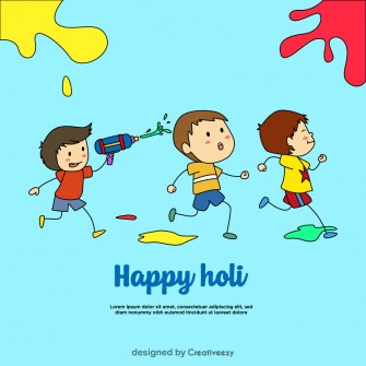 Colorful Holi Moment Kids Play, Splash, 'Happy Holi' Written on Blue Background