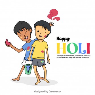 Colorful Holi Celebration Kids, Water Bucket, Balloons, 'Happy Holi' Greetings