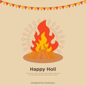 Festive Holi Bonfire Flames, Stacked Logs, Greeting Card Illustration.