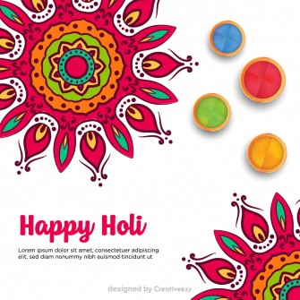 Colorful Holi Mandala Vibrant Flowers, Borders, 'Happy Holi' Greetings.