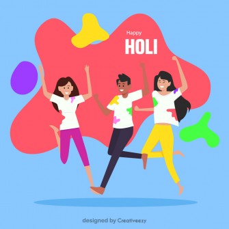 Joyous Holi Celebration People Jumping, Colorful Splatter Background, 'Happy Holi' Text