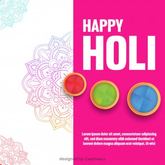 Vibrant Holi Celebration 'HAPPY HOLI' with Colored Powder Bowls ,Mandala