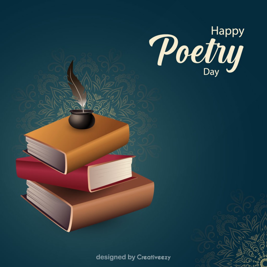 Poetry Day Book, Quill Pen, Gradient Background, Happy Poetry Day Text