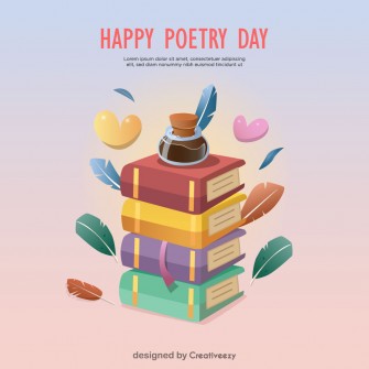 Poetry Day Celebration Books, Quill Pen, Colorful Background, Happy Poetry Day Text